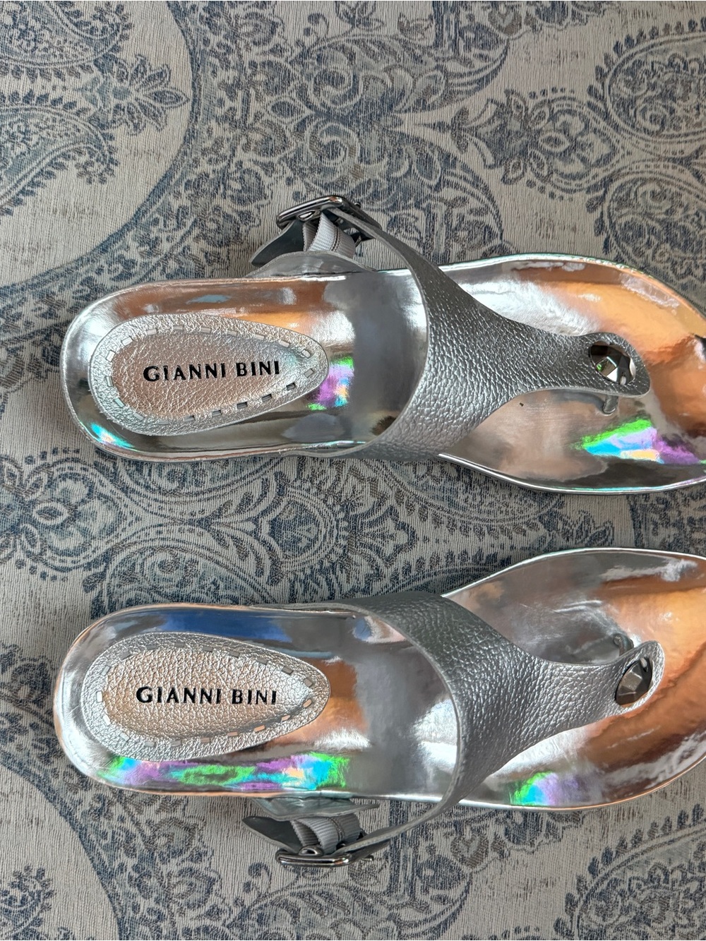 Gianni Bini Silver Metallic T-strap Sandals with Stud Detail - Picture 8 of 10